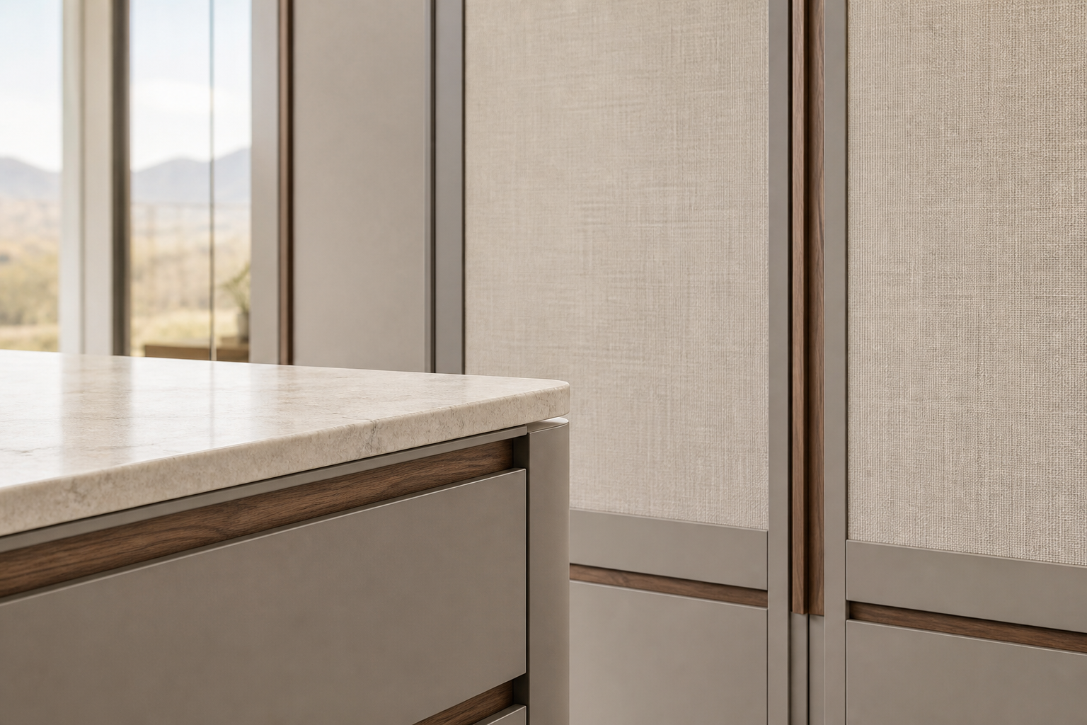 Fadior Radiance Wardrobe Suite with Quartz Dressing Island Wall — close-up of stainless steel finish and hardware detail