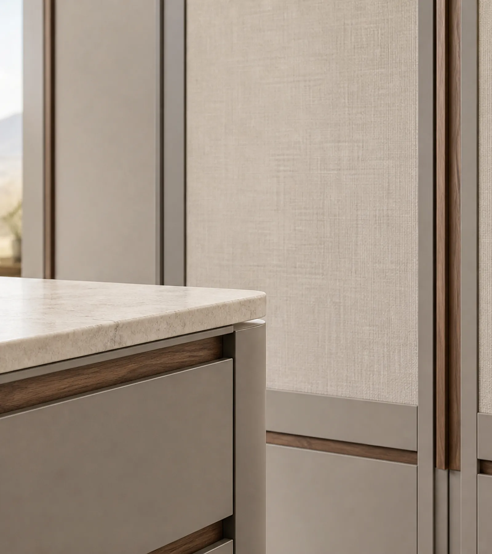 Suite de Vestidor Radiance con Isla de Cuarzo para Pared de Vestidor acabado y detalle
