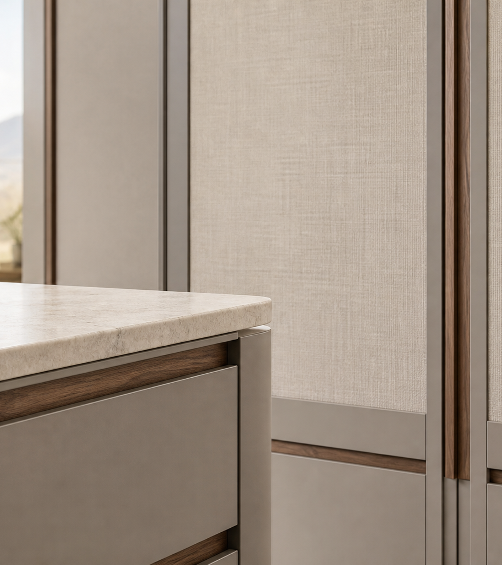 Fadior Radiance Wardrobe Suite with Quartz Dressing Island Wall — close-up of stainless steel finish and hardware detail
