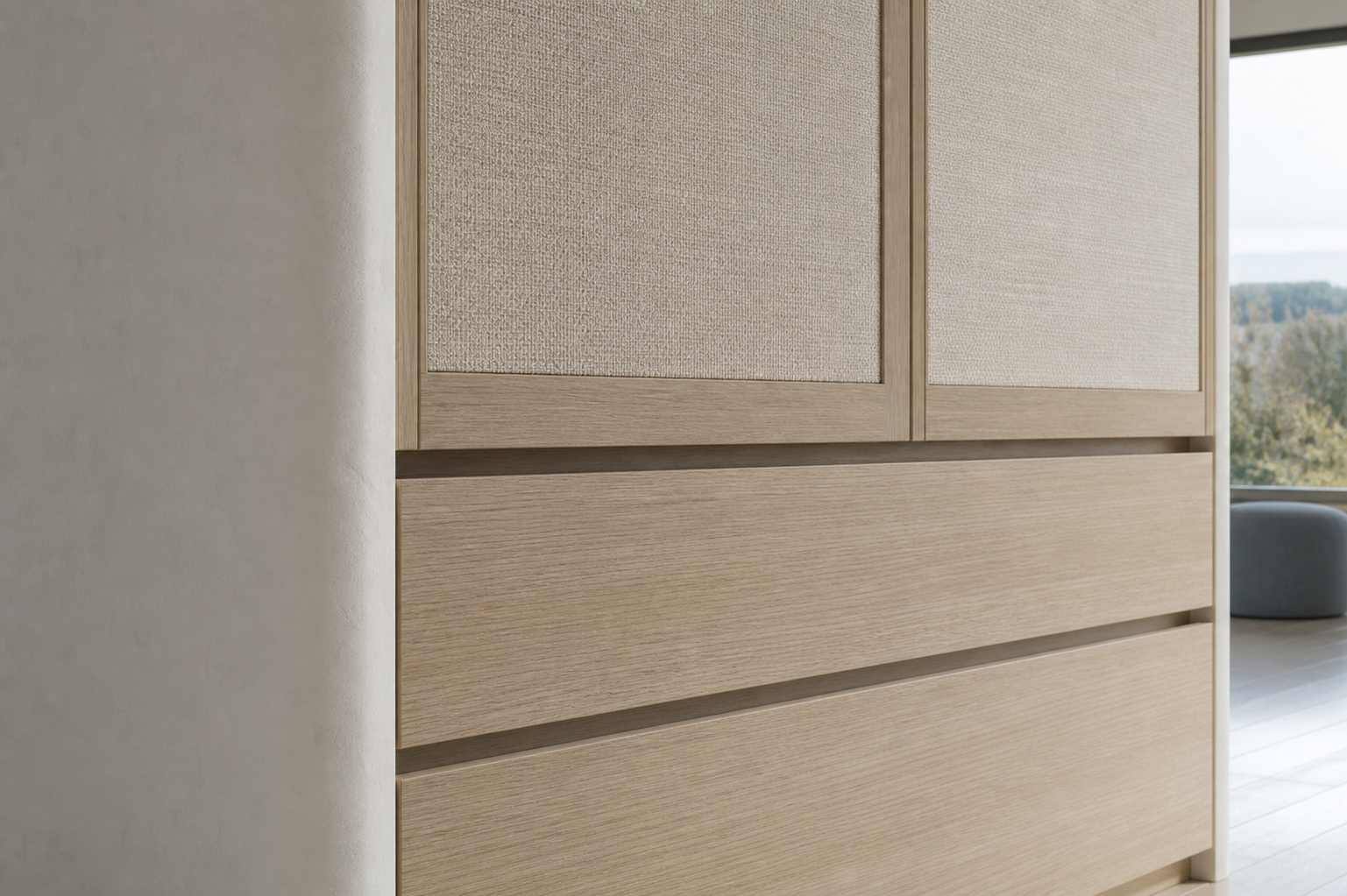 Fadior Radiance Wardrobe Suite with Appliance Buffer Dressing Wall — close-up of stainless steel finish and hardware detail