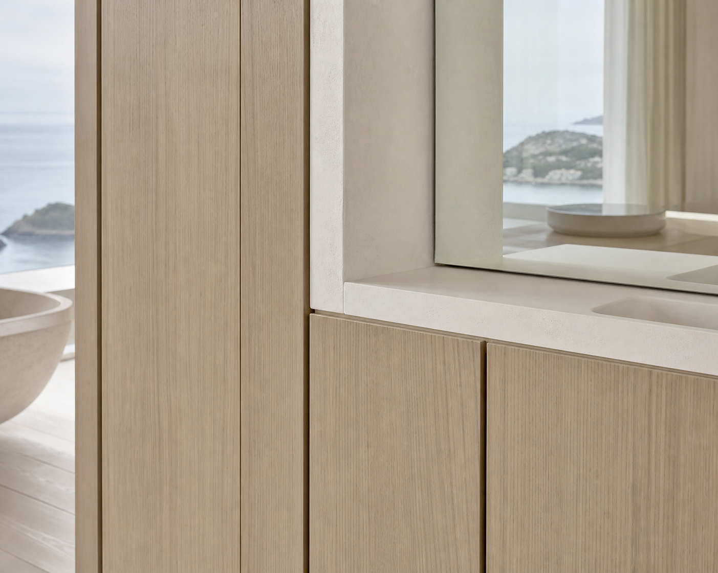 Fadior Nacre Bath and Vanity Suite with Handleless Mirror Storage Bay — close-up of stainless steel finish and hardware