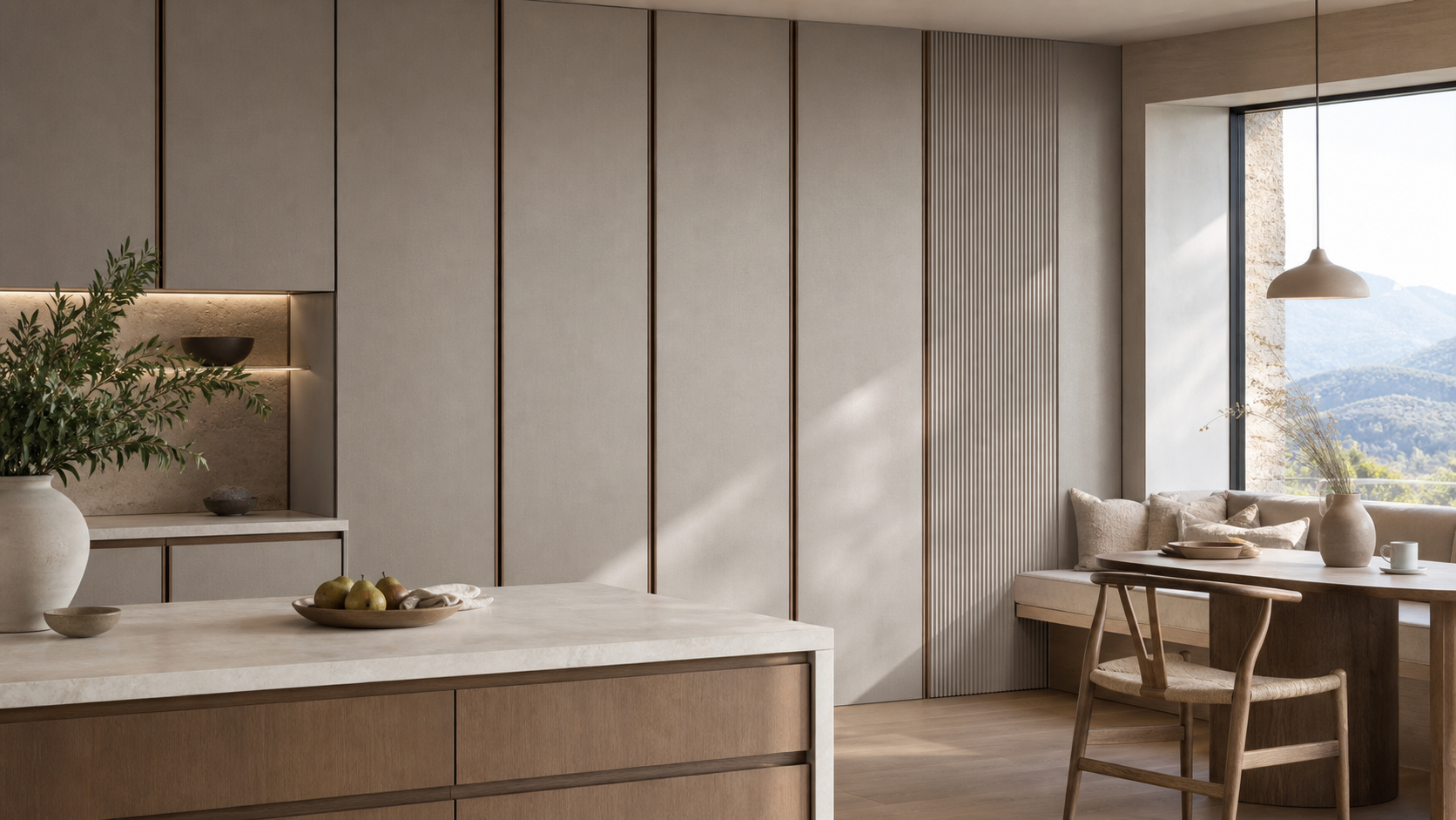Fadior Miroir Wall Panel Suite with Fluted Linen Gallery Plane — lifestyle setting with natural light and residential styling