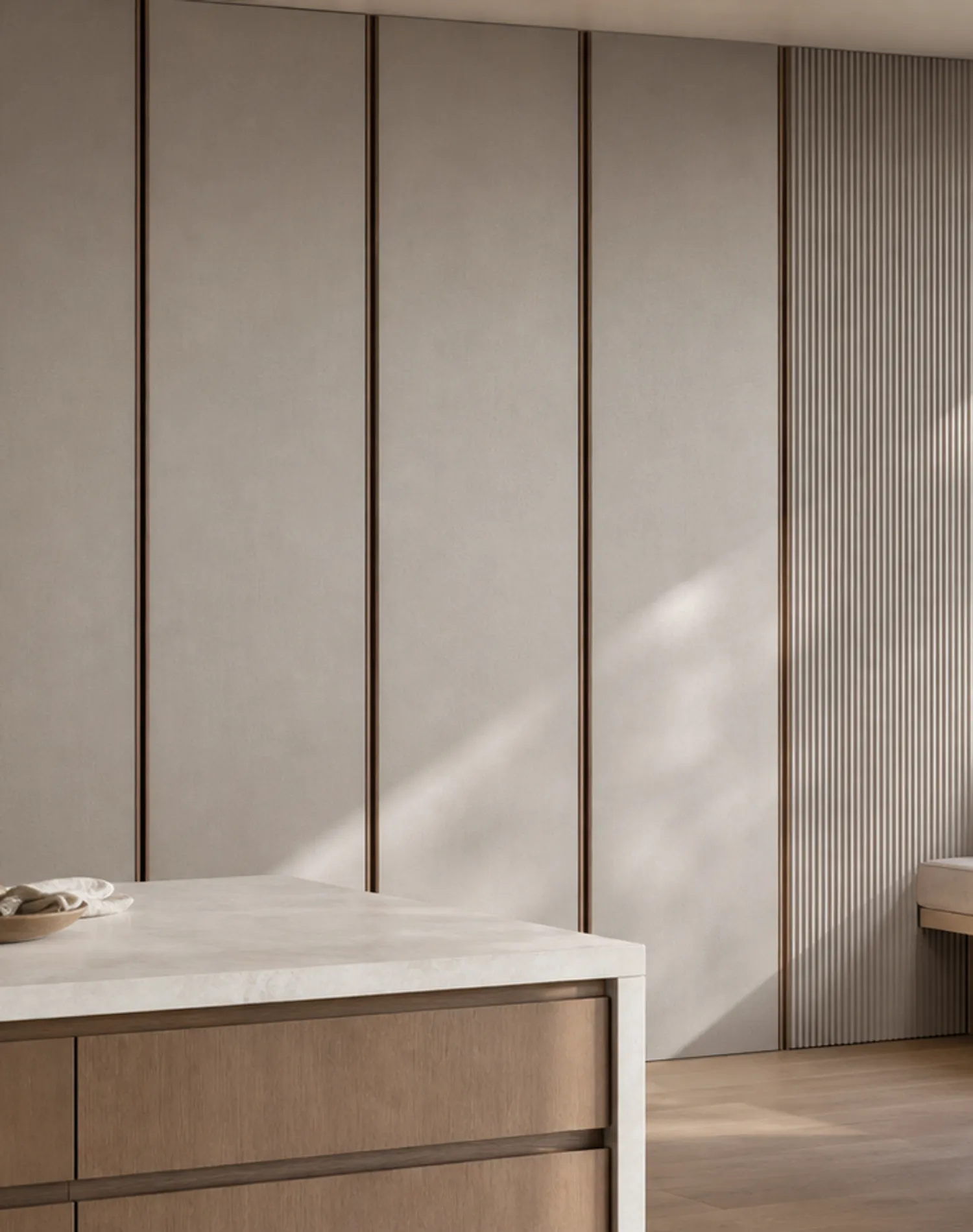 Suite de Panel de Pared Miroir con Plano de Galería de Lino Estriado estudio de adaptación