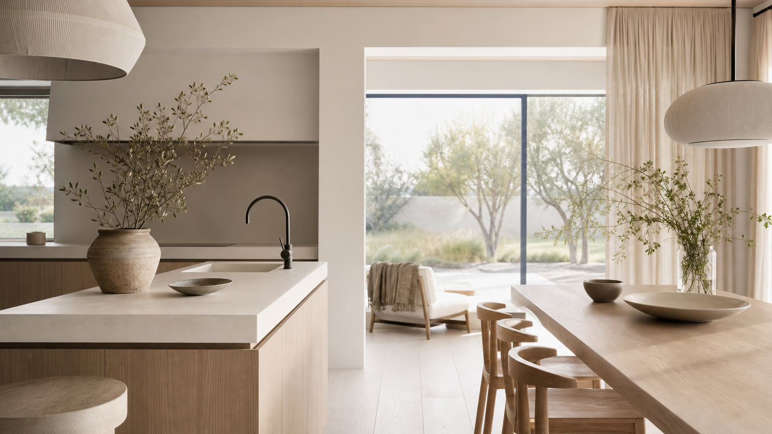 Kitchen atmosphere with blond ash fronts, chalk white walls, and fixture-planning alcove for GCC villa context.