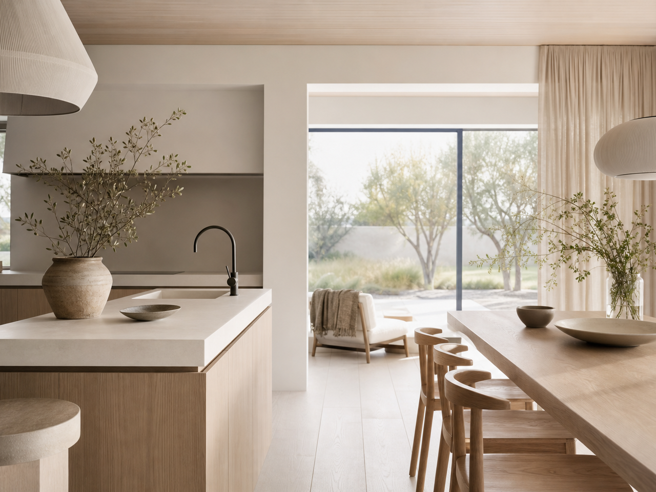 Kitchen atmosphere with blond ash fronts, chalk white walls, and fixture-planning alcove for GCC villa context. — 304 stainless steel cabinetry editorial by Fadior