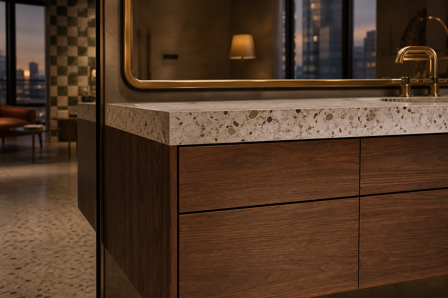Fadior Nacre Bath and Vanity Suite with Scale Matched Basin Datum — close-up of stainless steel finish and hardware detail