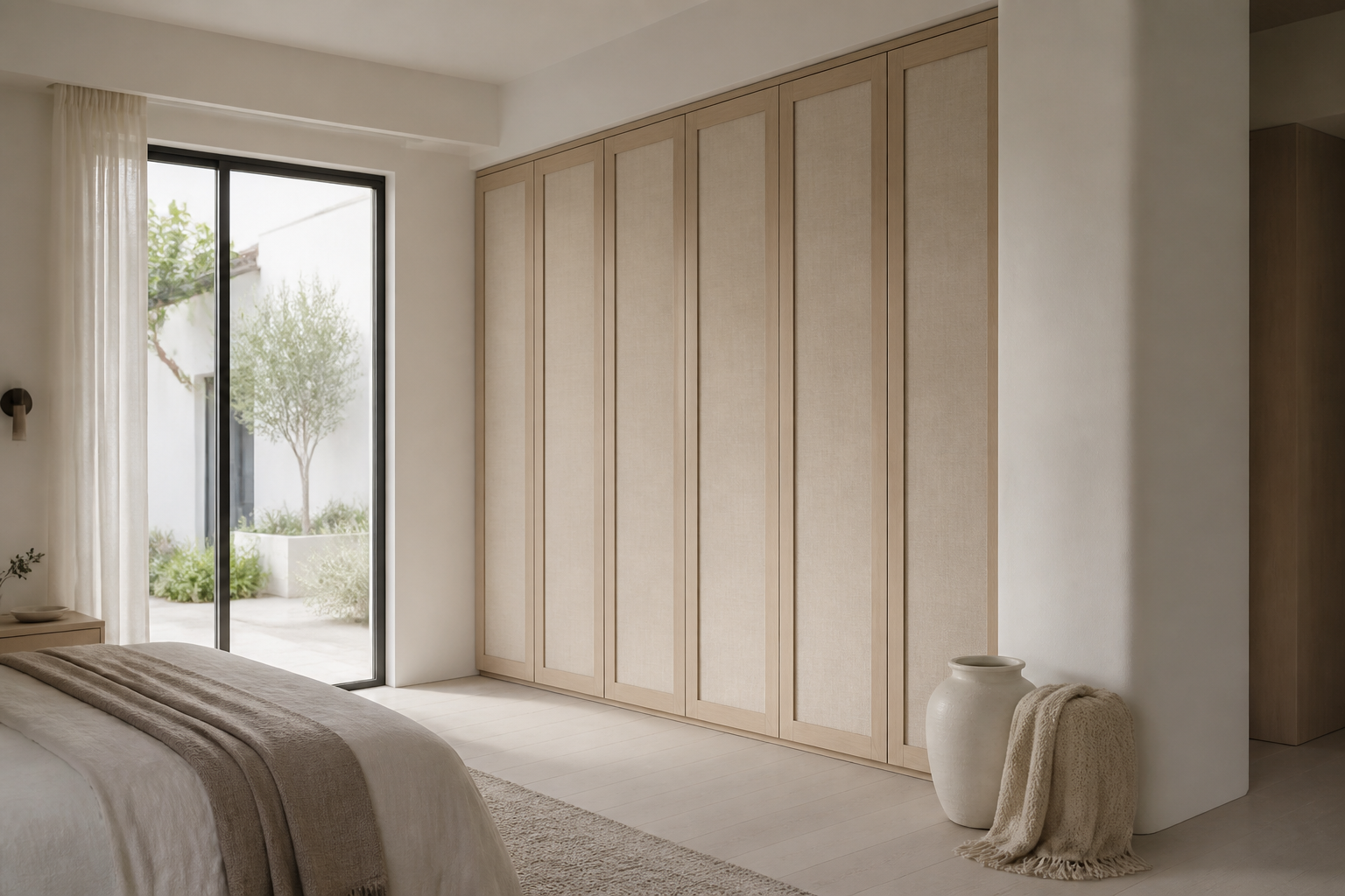 Fadior Eclipse Wardrobe Suite with Courtyard Linen Dressing Arcade — lifestyle setting with natural light and residential