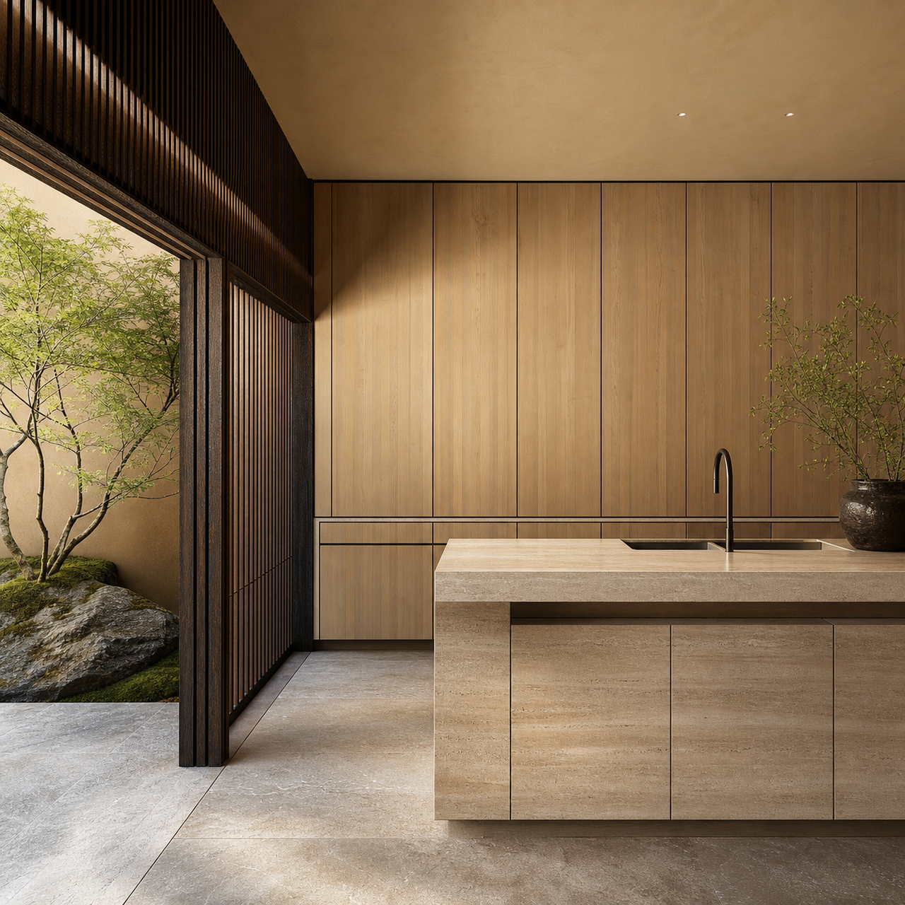 Fadior Armarios Meridian Kitchen Suite with Fenix Travertine Wall — 304 stainless steel kitchen system, front view