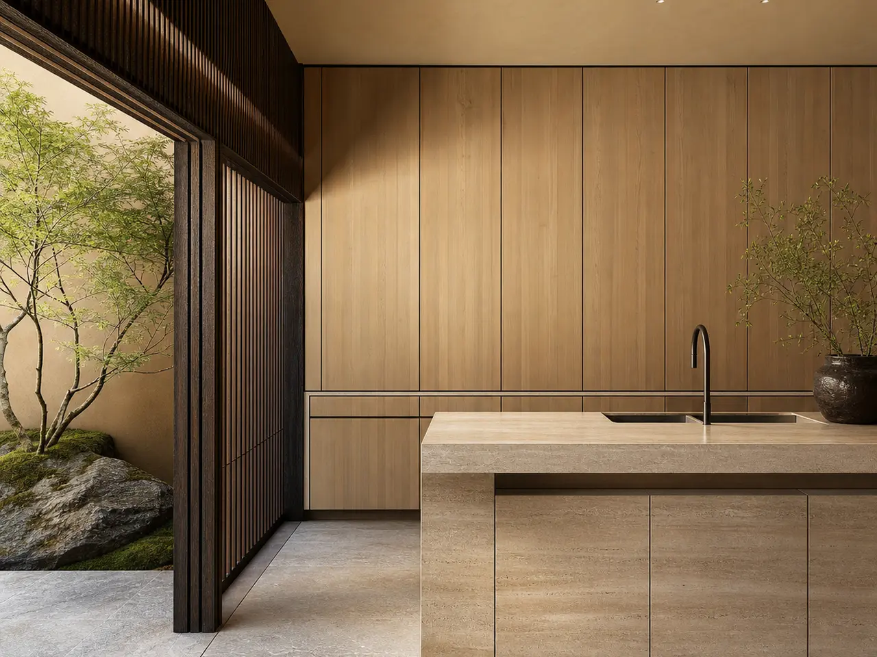 Fadior Armarios Meridian Kitchen Suite with Fenix Travertine Wall — 304 stainless steel kitchen system, front view