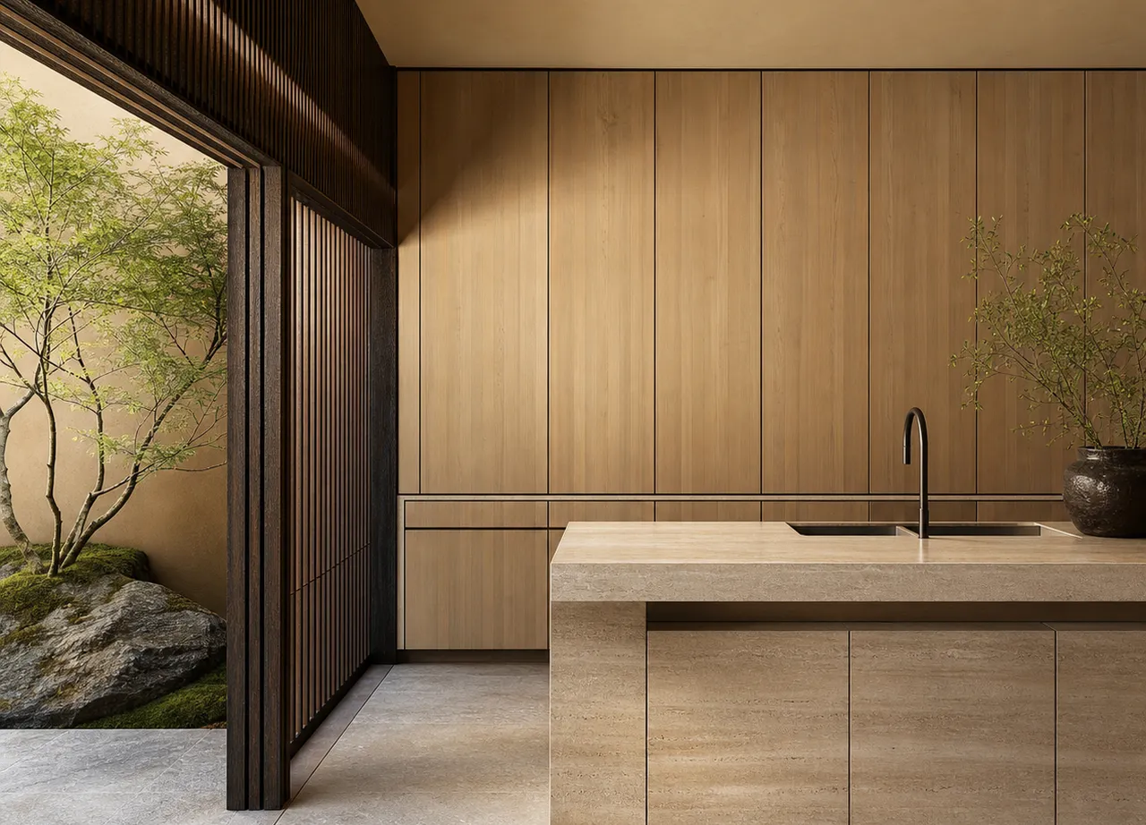 Fadior Armarios Meridian Kitchen Suite with Fenix Travertine Wall — 304 stainless steel kitchen system, front view