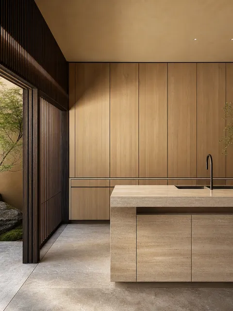 Conjunto de armarios Meridian con pared de travertino Fénix