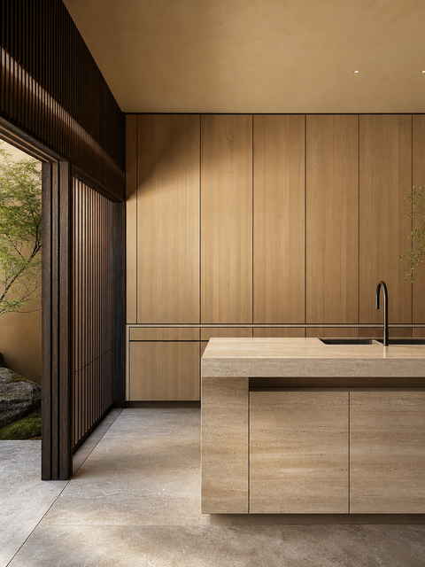 Fadior Armarios Meridian Kitchen Suite with Fenix Travertine Wall — 304 stainless steel kitchen system, front view