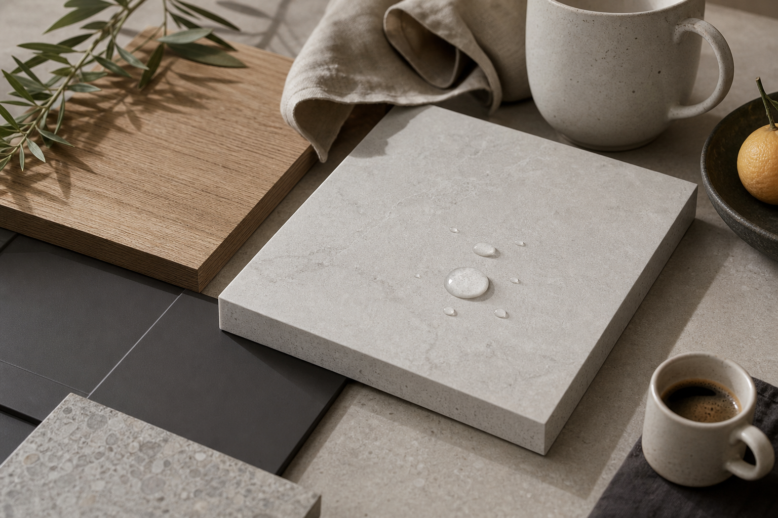 Sintered stone countertop material mood with cabinet and floor samples.