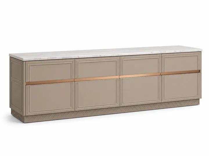 Fadior Galleria Living Room Suite with Waterline Channel Credenza — 304 stainless steel living room system, front view