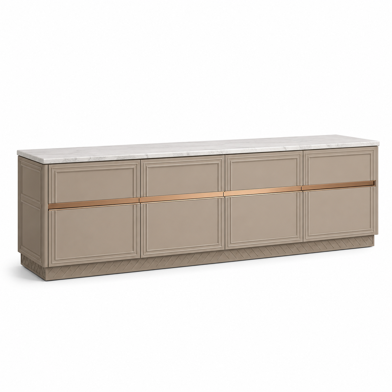 Fadior Galleria Living Room Suite with Waterline Channel Credenza — 304 stainless steel living room system, front view