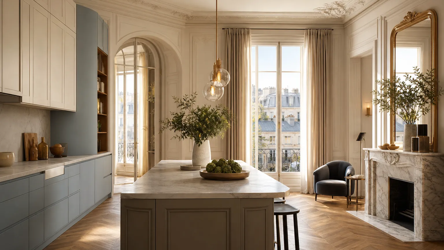 Hero image: European-style apartment kitchen with tall windows and continuous cabinet frontage.