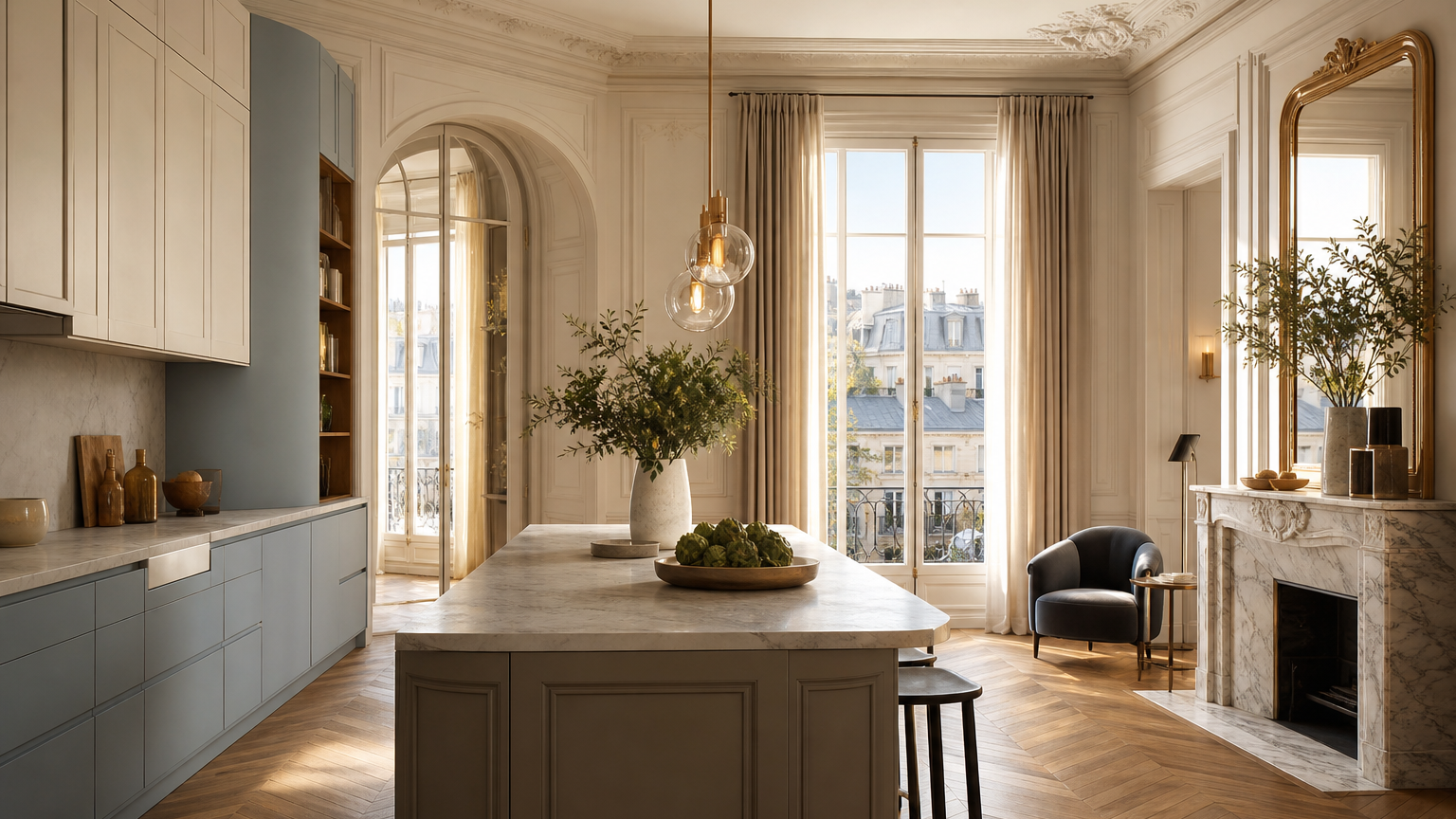 Hero image: European-style apartment kitchen with tall windows and continuous cabinet frontage.