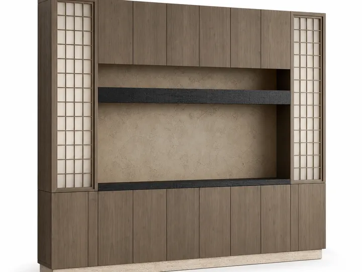 Fadior Veneto Living Room Suite with Olive Plaster Curio Console — 304 stainless steel living room system, front view