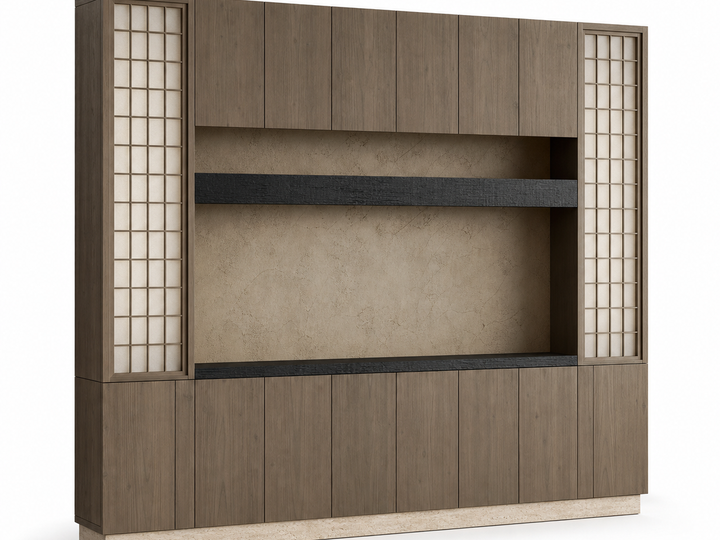 Fadior Veneto Living Room Suite with Olive Plaster Curio Console — 304 stainless steel living room system, front view