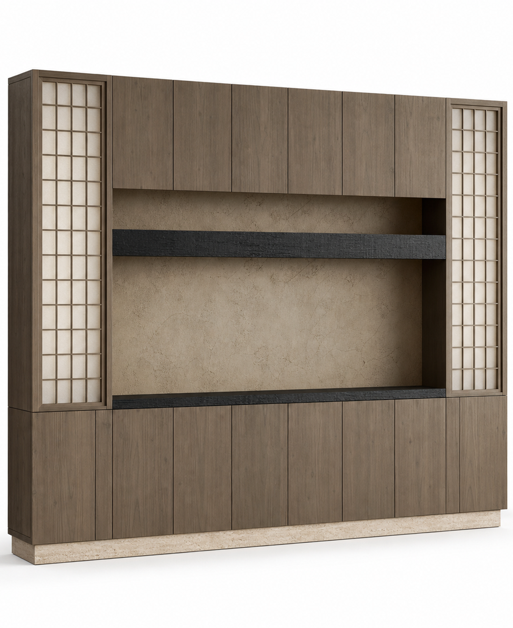 Fadior Veneto Living Room Suite with Olive Plaster Curio Console — 304 stainless steel living room system, front view