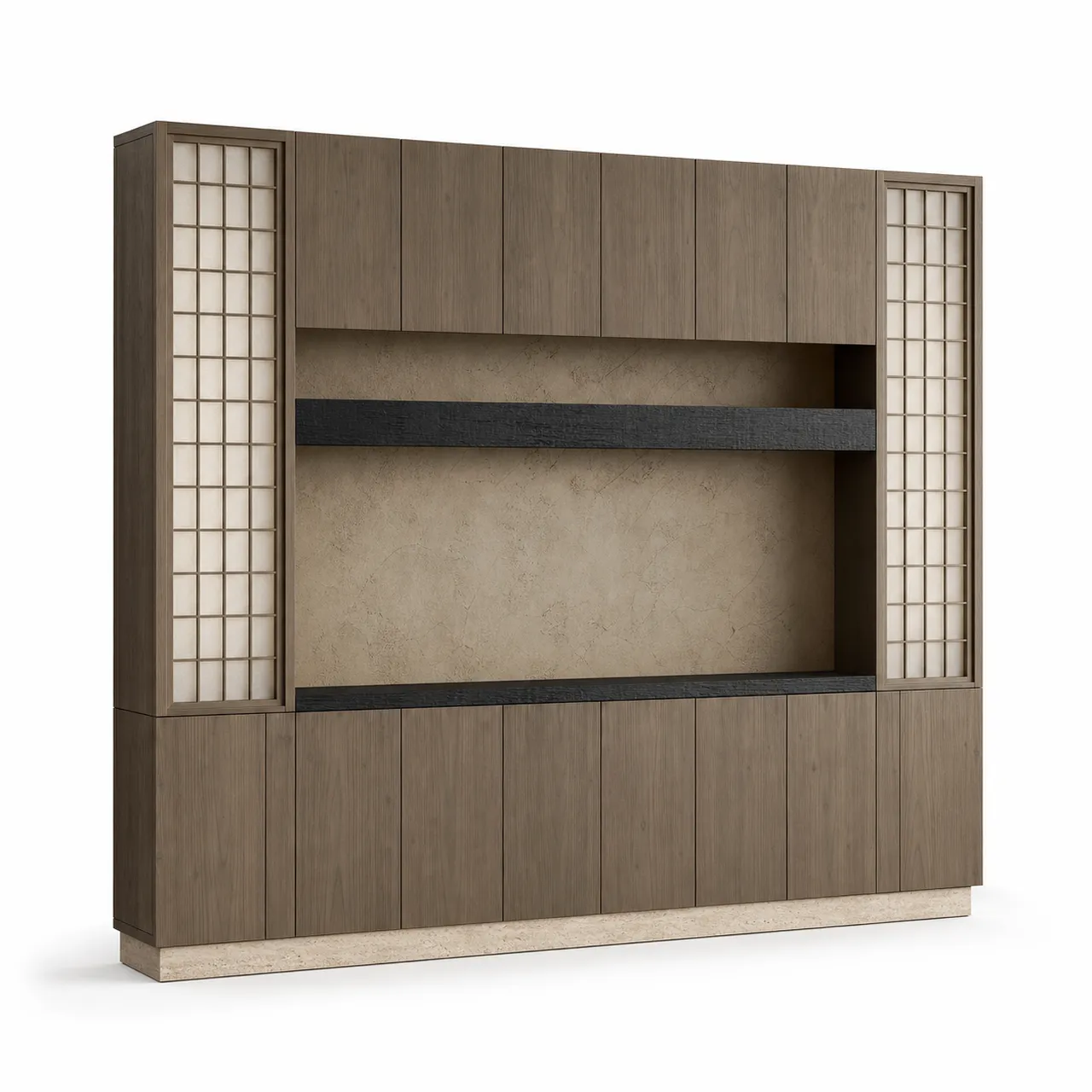 Fadior Veneto Living Room Suite with Olive Plaster Curio Console — 304 stainless steel living room system, front view