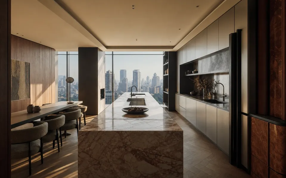 Fadior Jakarta 220 sqm Kitchen Penthouse - marble island, cabinet wall, dining chairs, skyline window — 304 stainless steel cabinetry installation by Fadior