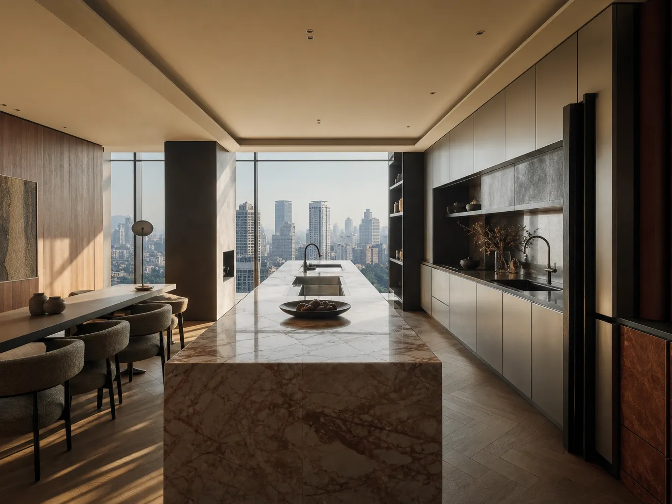 Fadior Jakarta 220 sqm Kitchen Penthouse - marble island, cabinet wall, dining chairs, skyline window