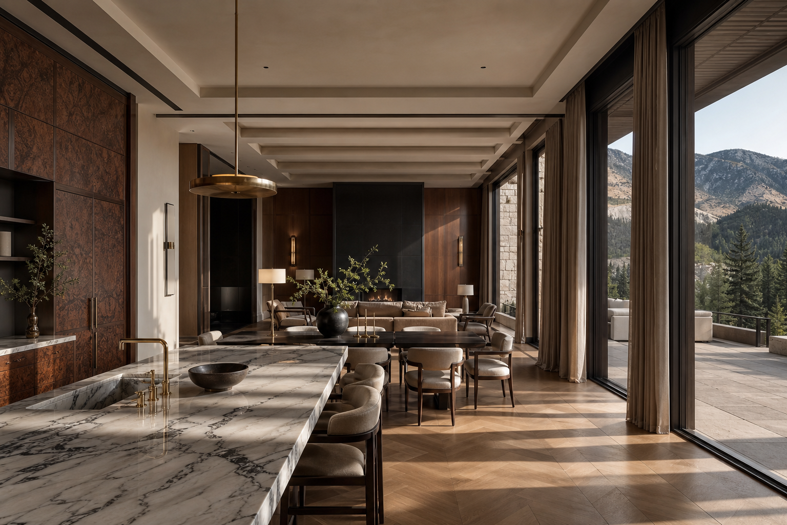Fadior Denver 600 sqm Kitchen Villa — Denver villa living kitchen marble island, dining table, walnut wall, terrace window
