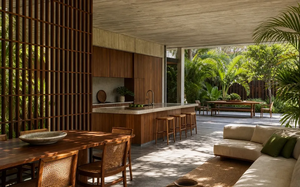 Fadior Hong Kong Garden Courtyard Villa — Hong Kong courtyard kitchen with timber island, stone counter, cabinet wall, — 304 stainless steel cabinetry installation by Fadior