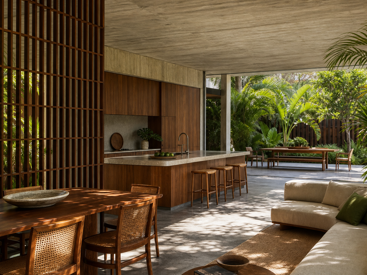 Fadior Hong Kong Garden Courtyard Villa — Hong Kong courtyard kitchen with timber island, stone counter, cabinet wall, — 304 stainless steel cabinetry installation by Fadior