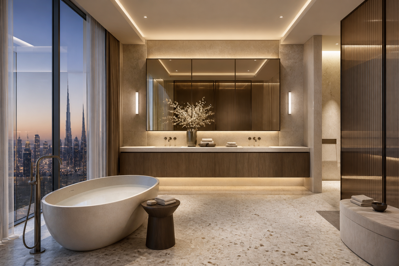 Fadior Dubai 120 sqm Kitchen Bath Penthouse — bath vanity, stone counter, walnut cabinet, mirror and tiled wall