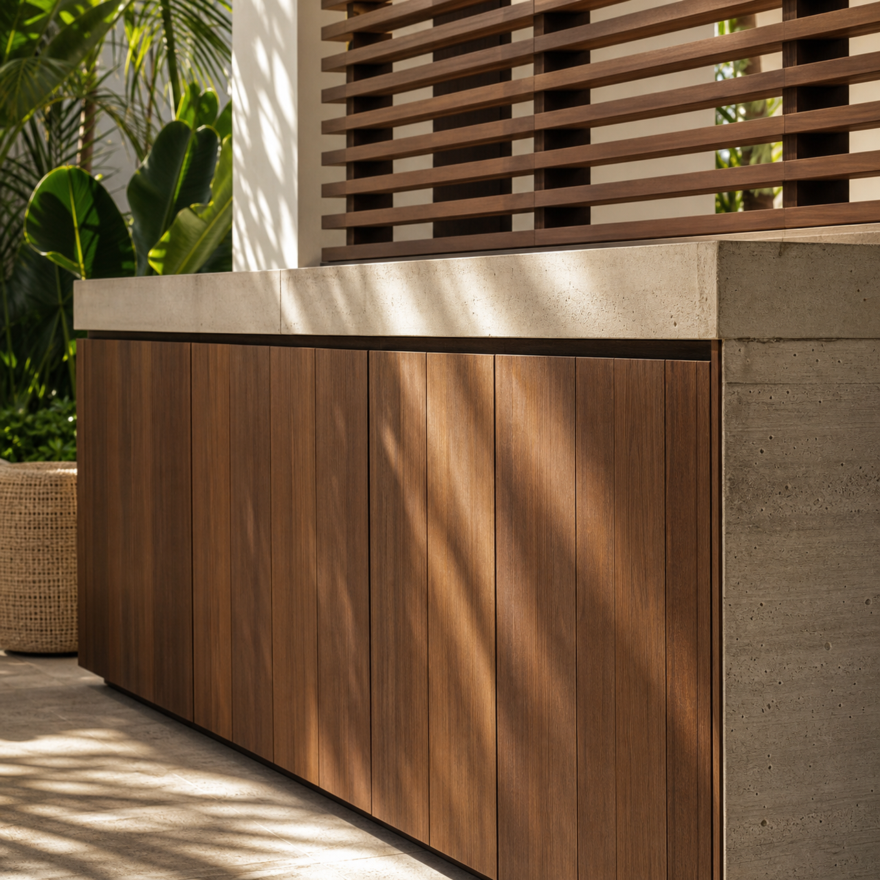 Fadior Horizon Outdoor Kitchen Suite with Shade-Screen Prep Promenade — close-up of stainless steel finish and hardware