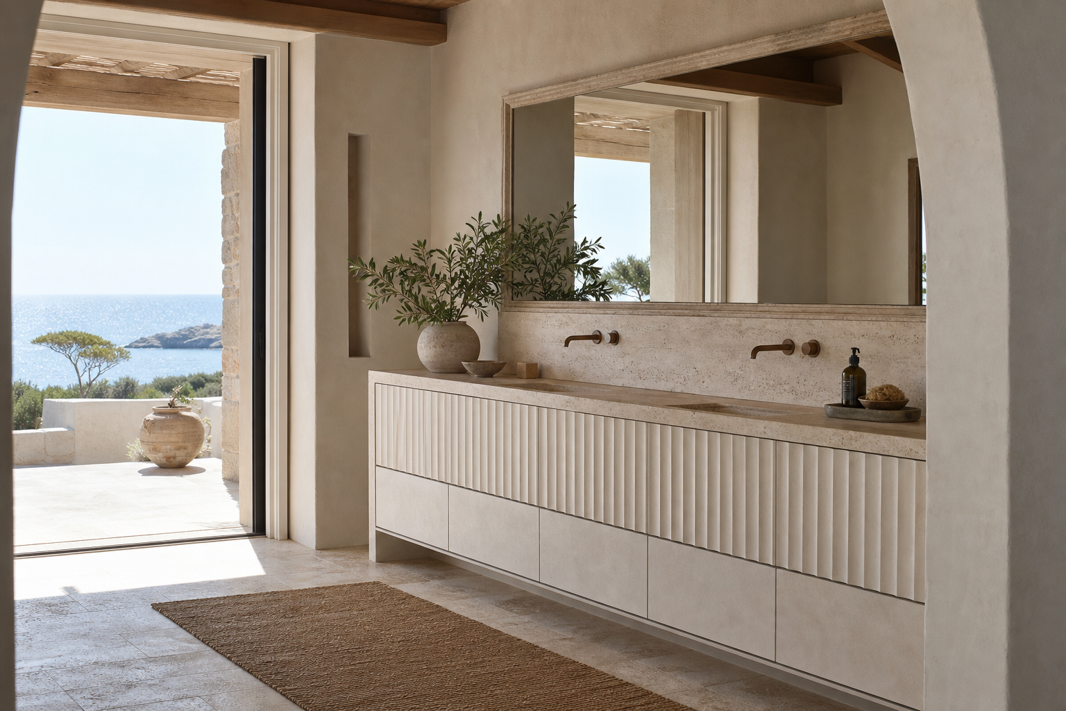 Fadior Alcove Bath and Vanity Suite with Fluted Rainlight Basin Bay — interior room context showing cabinet integration