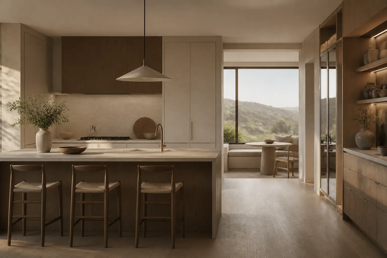 Quiet modern kitchen with early evening storage and breakfast routine