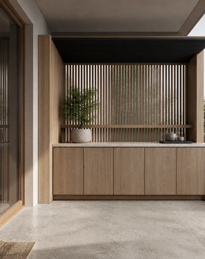 Fadior Soleil Balcony Suite with Rain Screen Morning Bar — interior room context showing cabinet integration