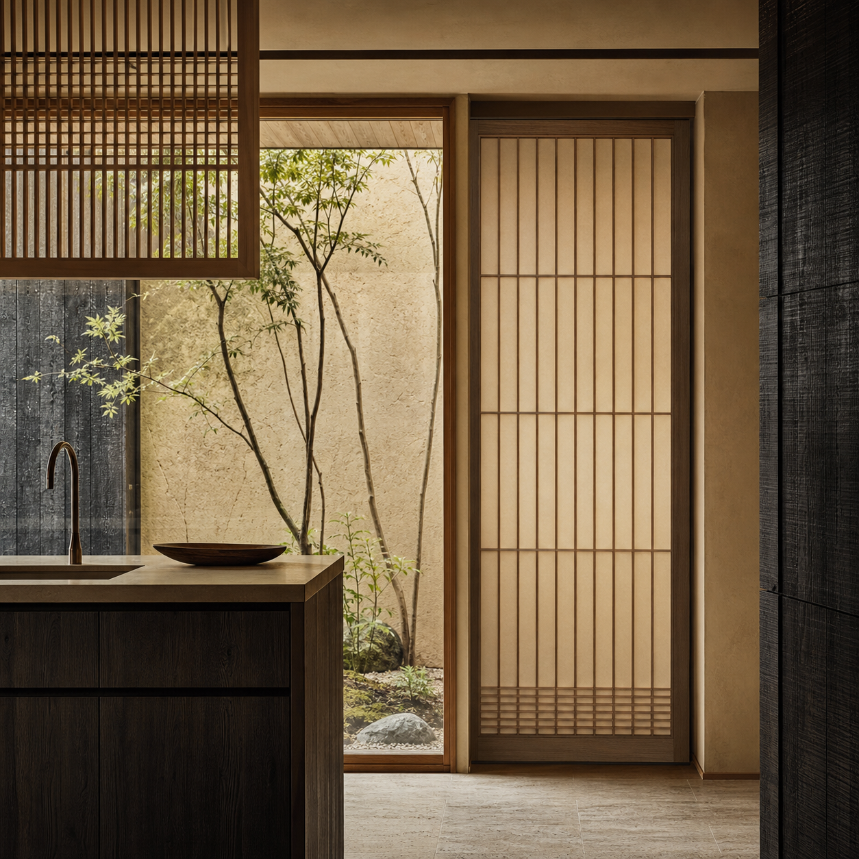 Fadior Silhouette Cypress Lattice Threshold Door — lifestyle setting with natural light and residential styling