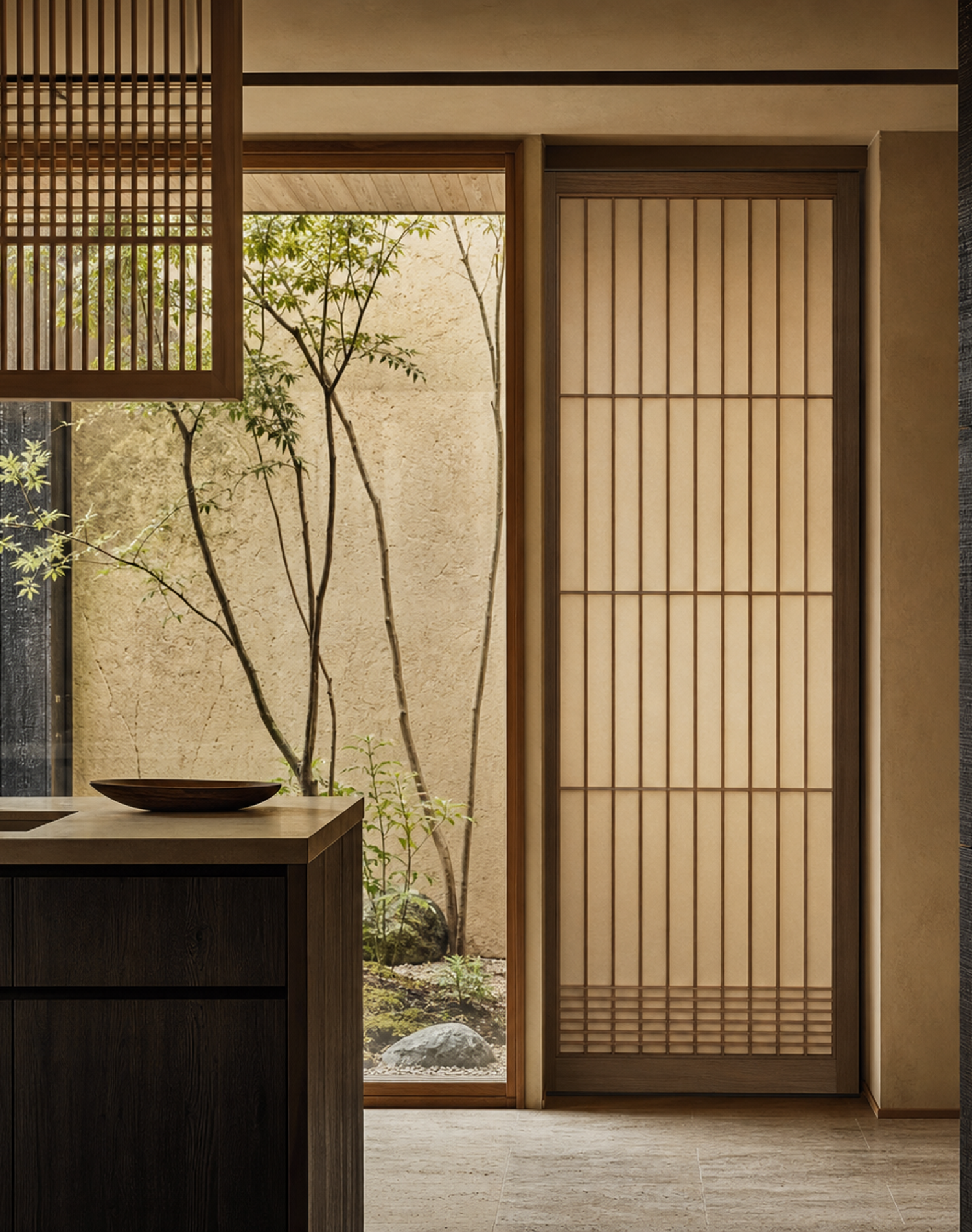 Fadior Silhouette Cypress Lattice Threshold Door — lifestyle setting with natural light and residential styling