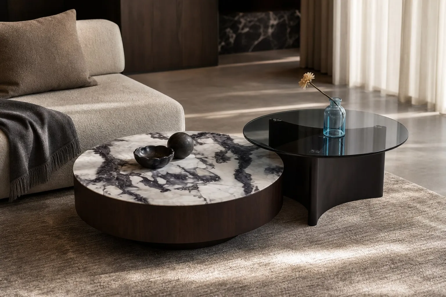 Marble and Glass Side Table Ø1000×305 mm