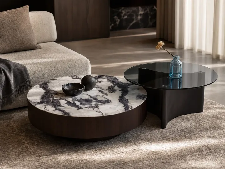 Mesa Auxiliar de Mármol y Vidrio Ø800×415 mm