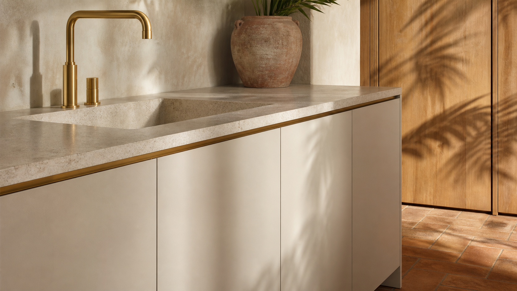 Fadior Riviera Kitchen with Flush Fixture Console — close-up of stainless steel finish and hardware detail