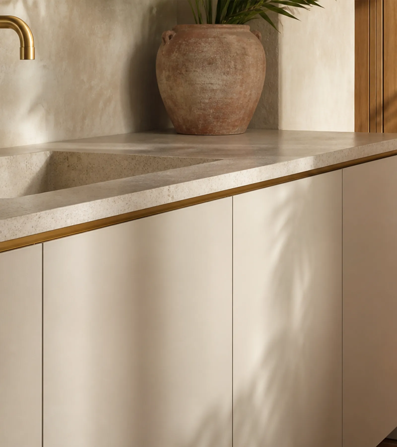 Fadior Riviera Kitchen with Flush Fixture Console — close-up of stainless steel finish and hardware detail