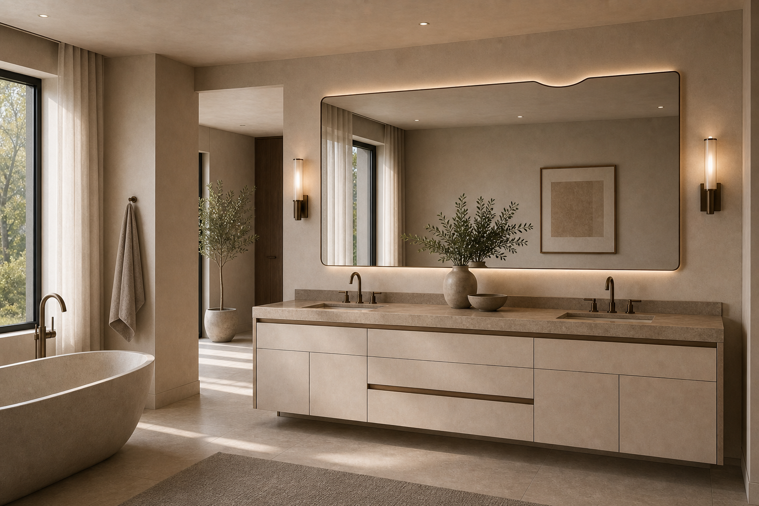 Fadior Alcove Bath and Vanity Suite with Sculpted Mirror Ribbon — interior room context showing cabinet integration