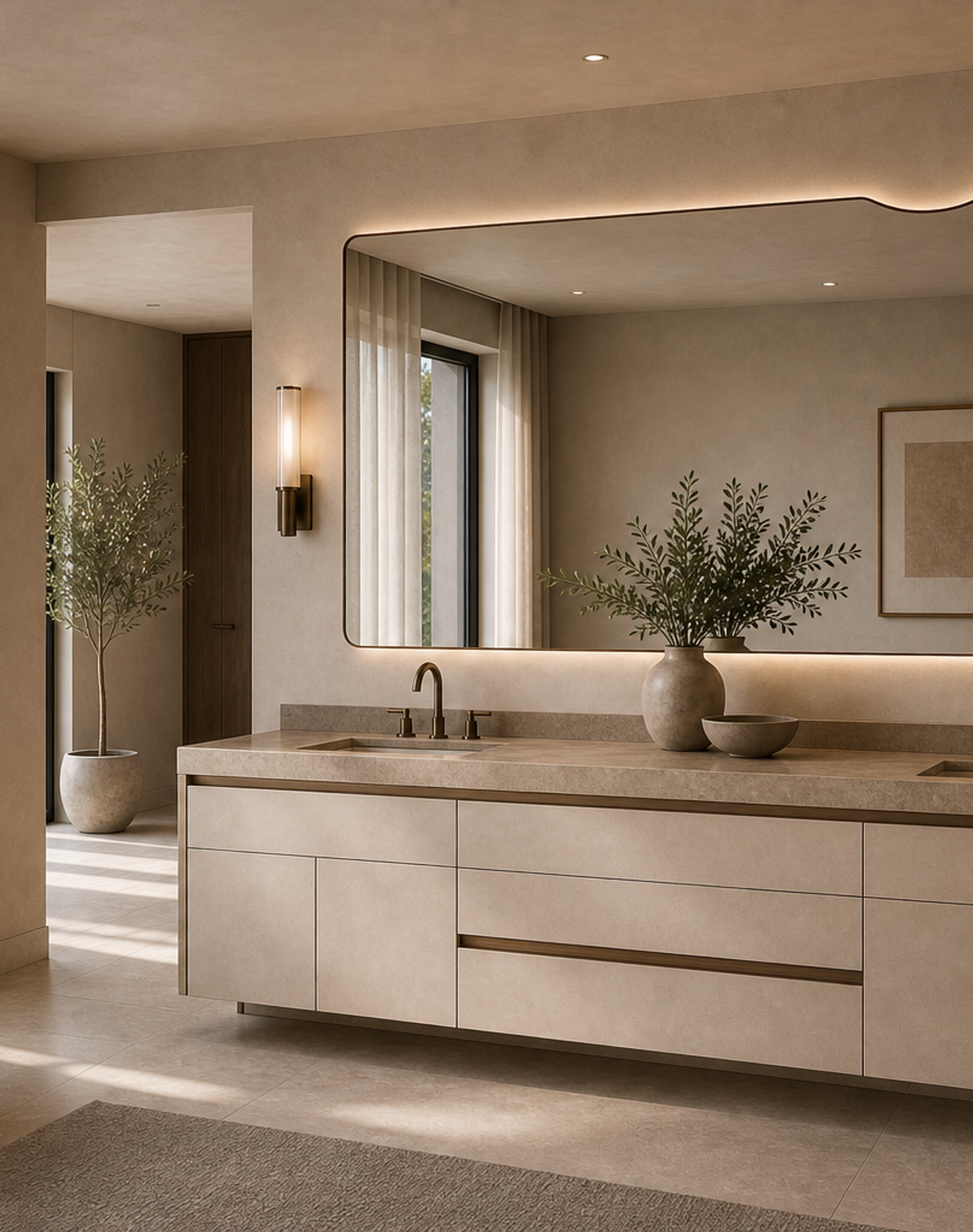 Fadior Alcove Bath and Vanity Suite with Sculpted Mirror Ribbon — interior room context showing cabinet integration