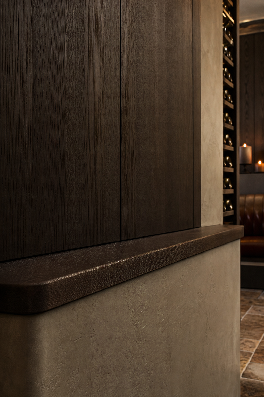 Fadior Grotto Wine Cabinet Suite with Smoked Oak Pouring Lounge — close-up of stainless steel finish and hardware detail