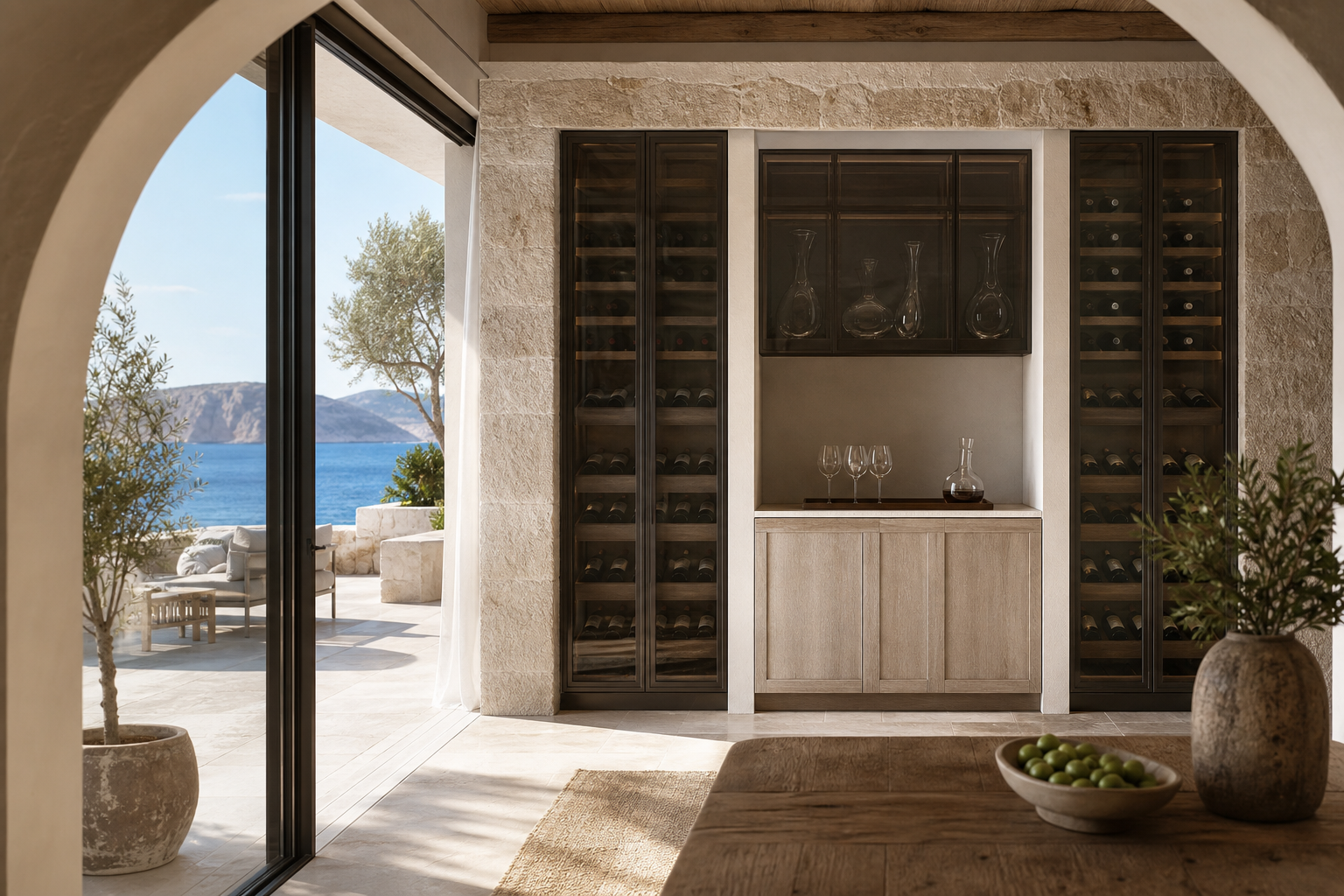 Fadior Gloria Wine Cabinet Suite with Smoked Glass Decanting Bay — interior room context showing cabinet integration