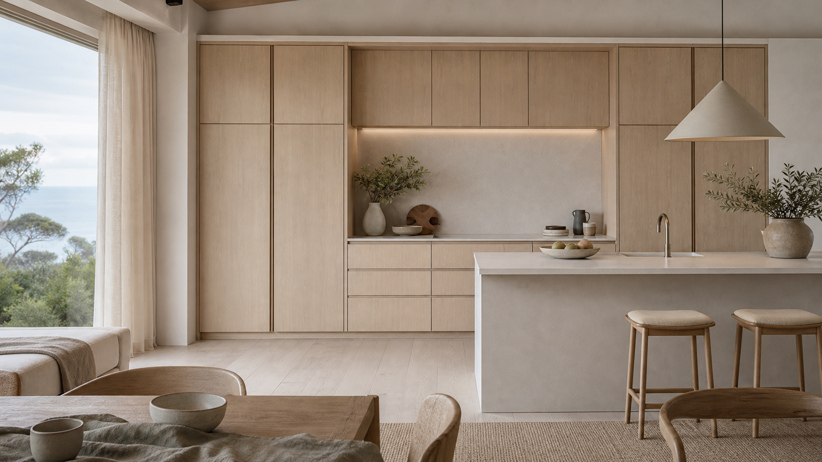 Fadior Pavilion Kitchen Suite with Linen Breakfast Prep Spine — lifestyle setting with natural light and residential styling