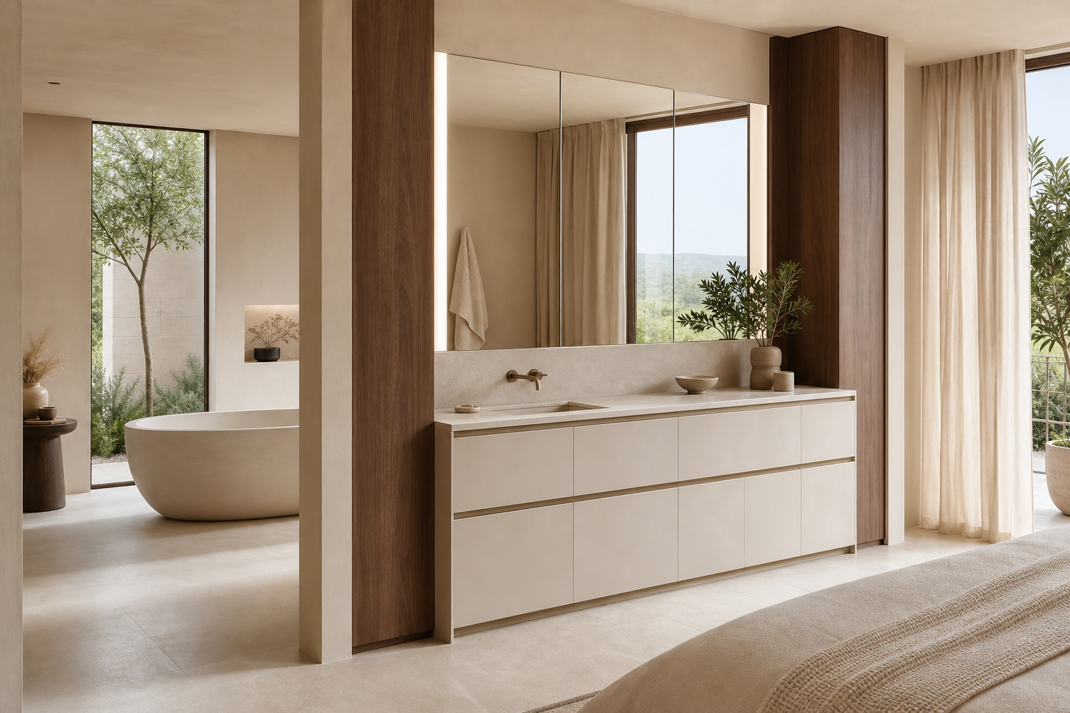Fadior Nacre Bath and Vanity Suite with Pearl Vanity Axis — lifestyle setting with natural light and residential styling