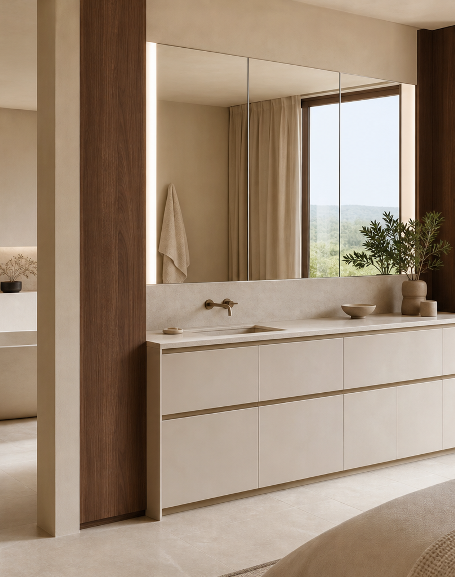 Fadior Nacre Bath and Vanity Suite with Pearl Vanity Axis — lifestyle setting with natural light and residential styling