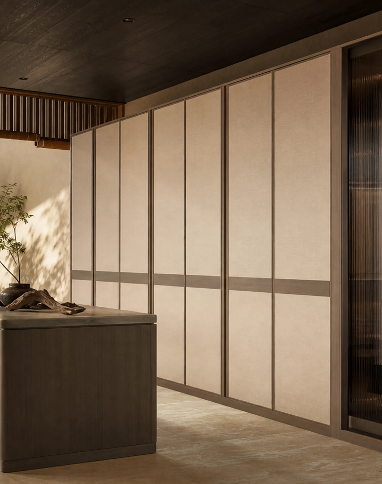 Fadior Voyage Wardrobe Suite with Saddle Glass Tie Portico — lifestyle setting with natural light and residential styling