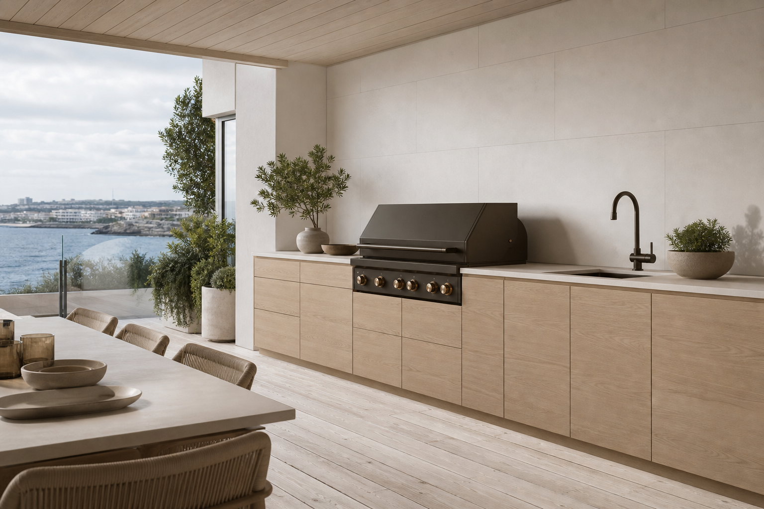 Fadior Vantage Outdoor Kitchen Suite with Cafe Bronze Grill Workwall — lifestyle setting with natural light and residential
